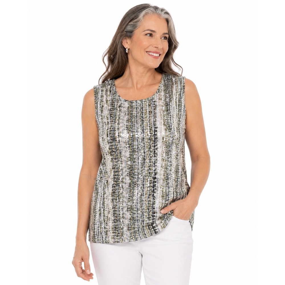 Chico's Saharan Weave Sequin Tank Top Fatigue Green Abstract Print Size 3 NEW